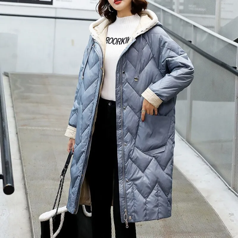 Black Friday Sales Autumn Winter Women Ultra Light Knitted Hooded White Duck Down Long Parka Casual Female Loose Warm Down Coat Outwear