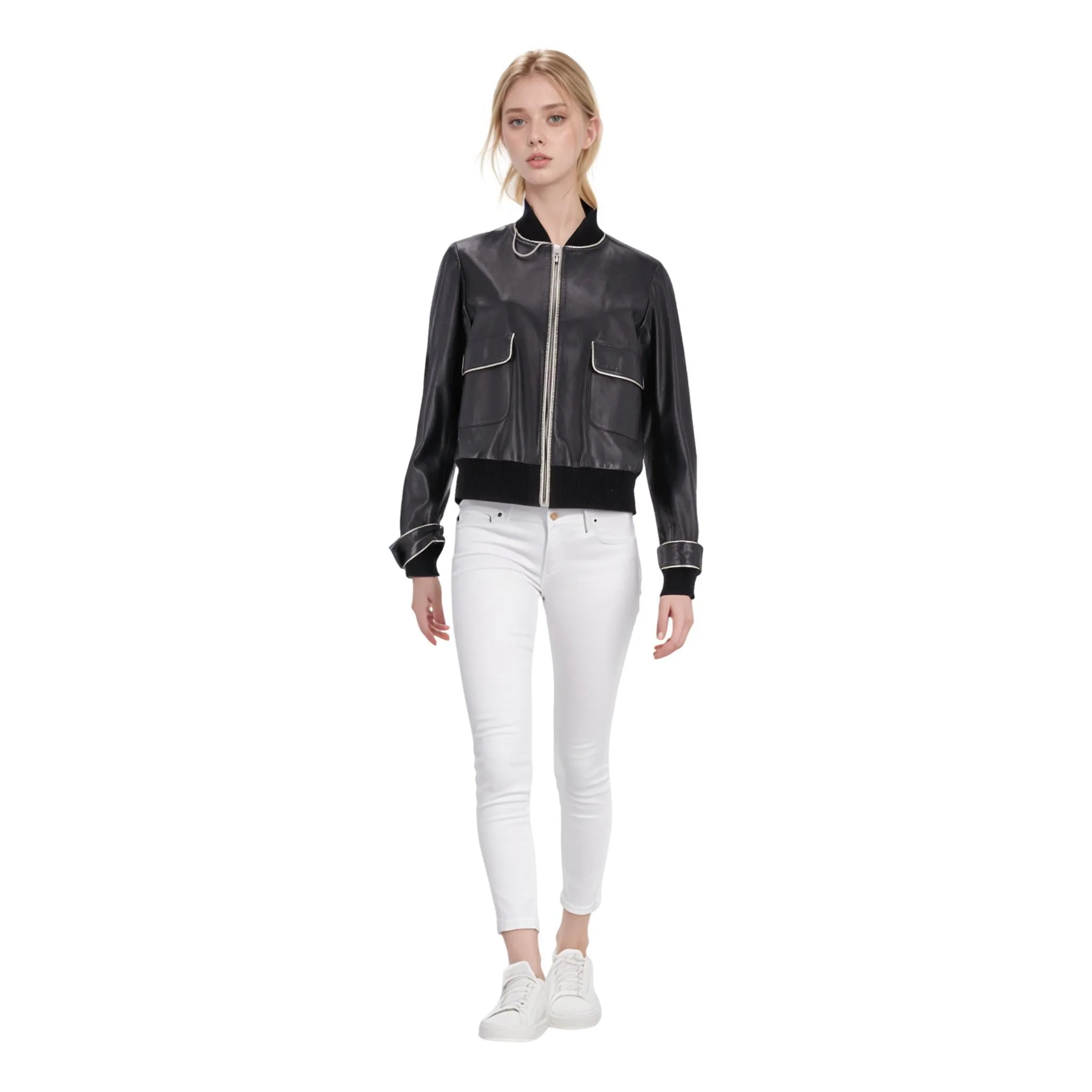 Chanel Leather Bomber Jacket With Pearl Buttons. Size 42IT