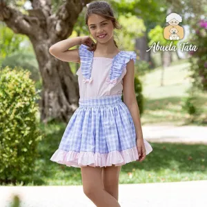 CLEARANCE SALE Abuela Tata - Girls Blue & Pink Check Skirt & Blouse Set