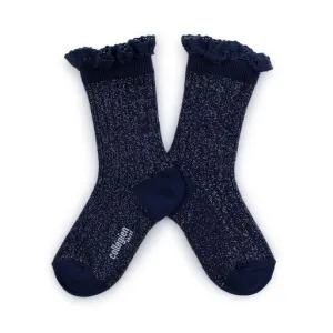 Collegien Victorine Lace-trim Glitter Ankle Socks / Nuit Etoilée