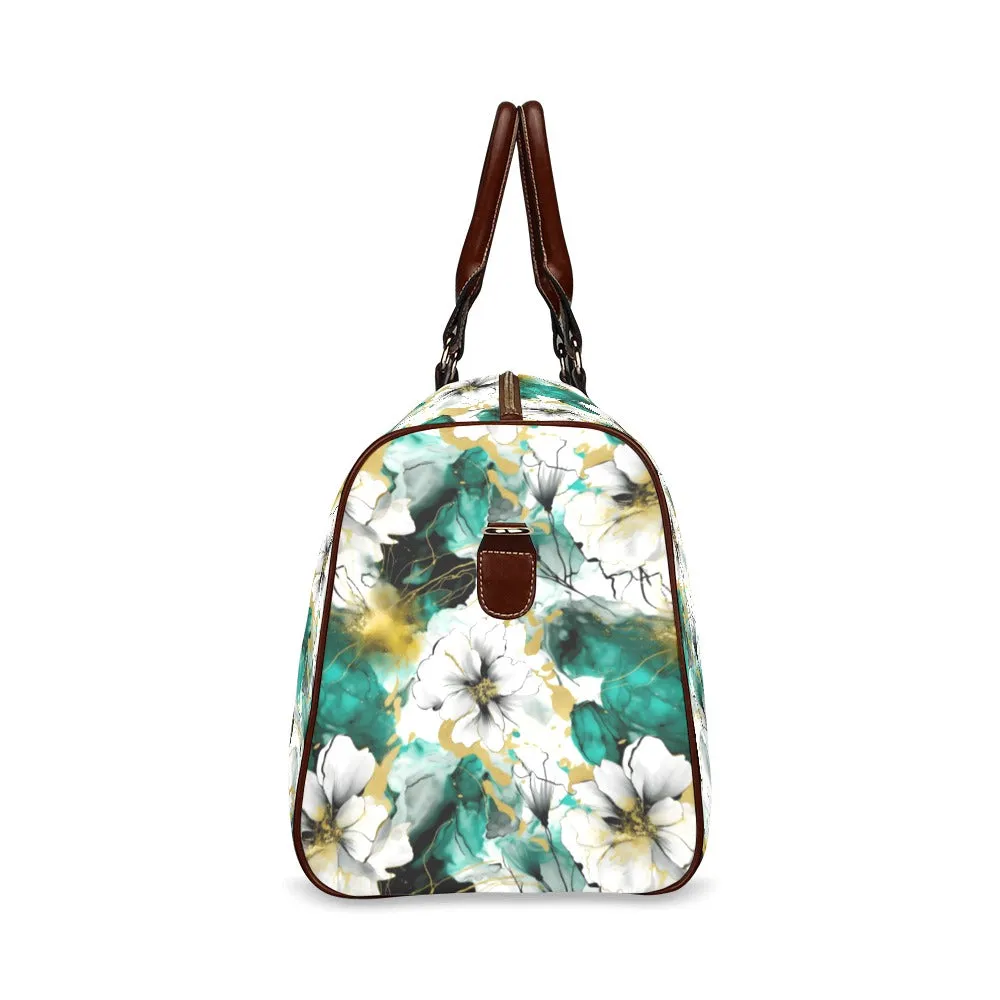 Green and White Ink Floral Waterproof Travel Bag/Small (Model 1639)