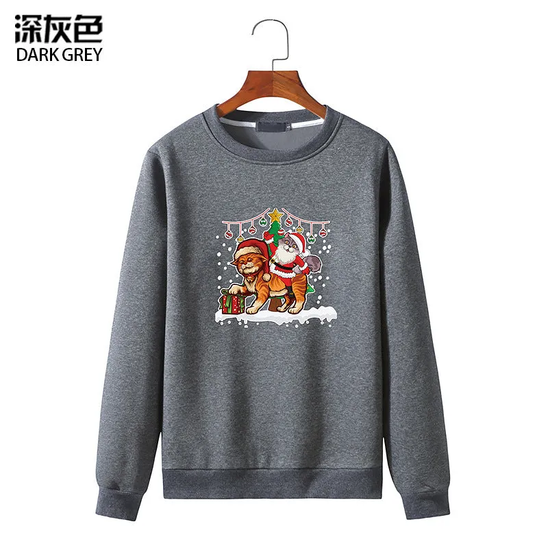 Men's Christmas Cat Print Round Neck Long Sleeve Sweatshirt