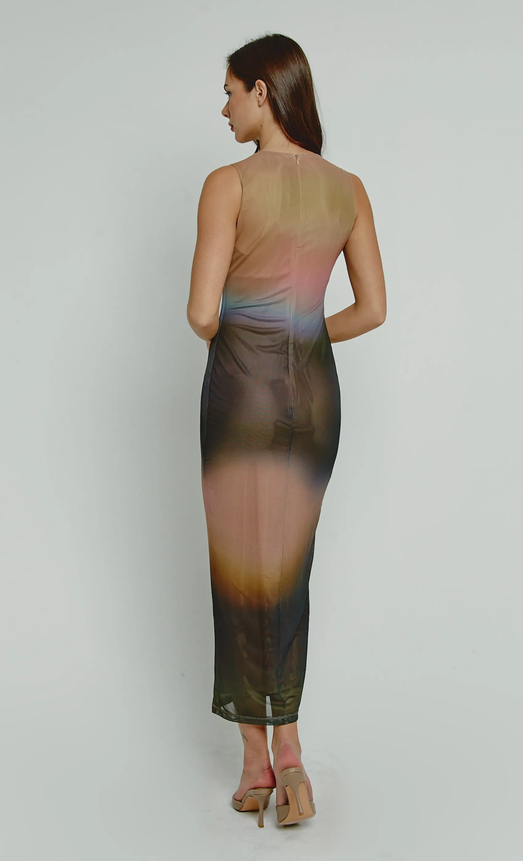 Multi Blur Print Mesh Maxi Dress