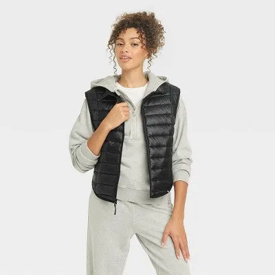 New - Women's Zipper Quilted Relaxed Puffer Vest Poplin Lightweight Stand Up Collar