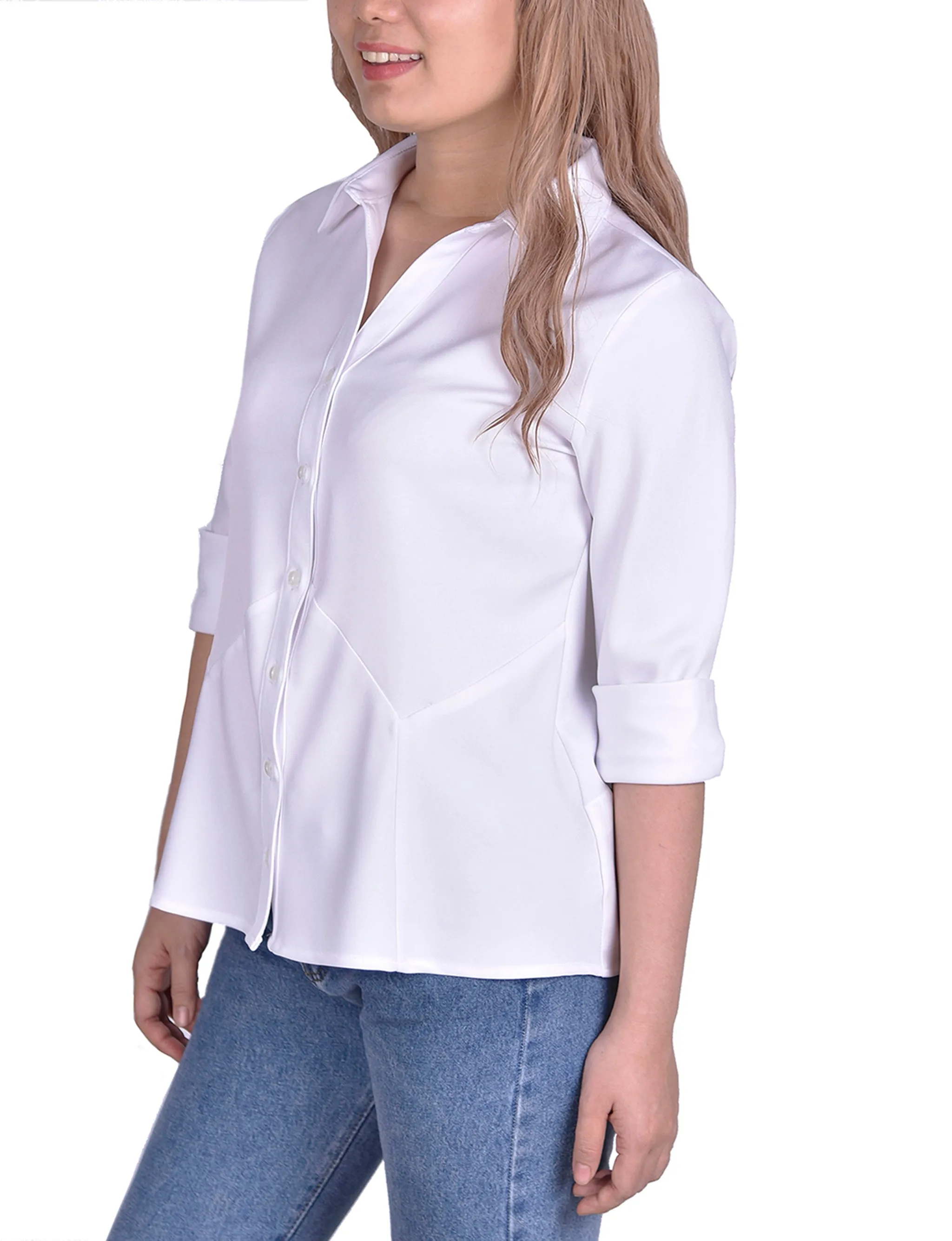 Petite Long Sleeved Seamed Blouse With Wide Cuffs