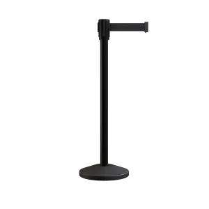 Retractable Belt Barrier Stanchion, Sloped Base, Black Powder Coated Post, 9 ft Belt - Montour Line M530