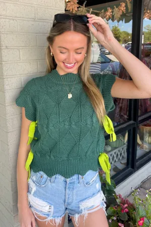 Side Bow Tie Sweater Top-Hunter Green