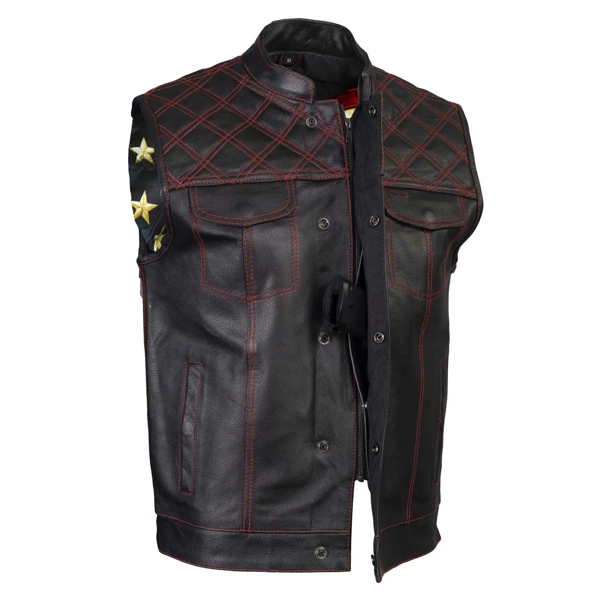 Xelement ‘Gold Series’ XS13002 Men's 'Stars and Stripes’ Black Leather MC Vest with USA Flag Liner