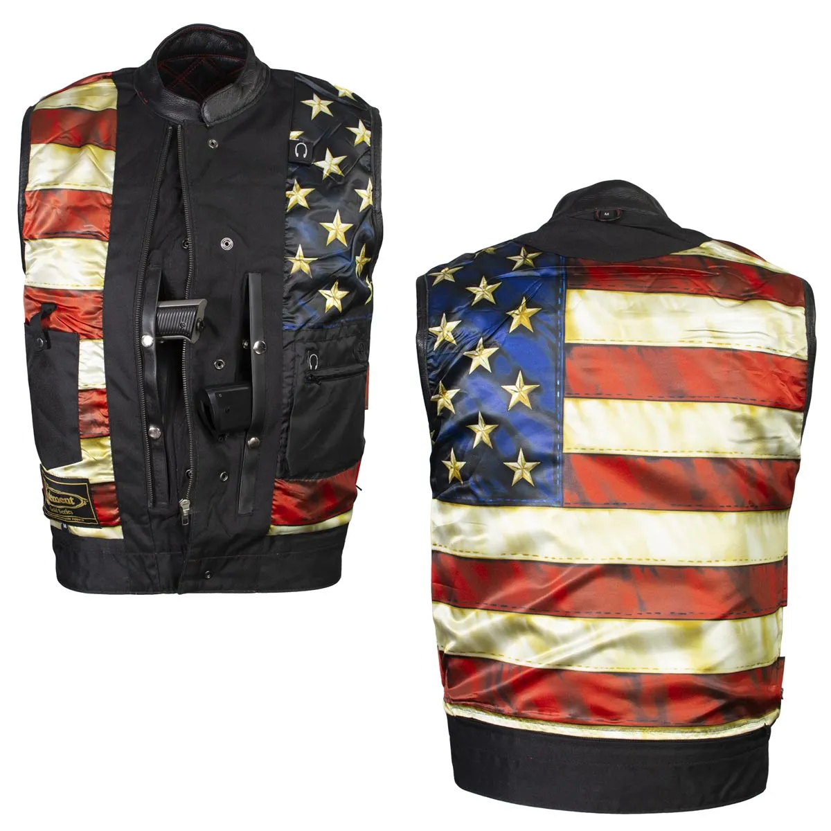 Xelement ‘Gold Series’ XS13002 Men's 'Stars and Stripes’ Black Leather MC Vest with USA Flag Liner